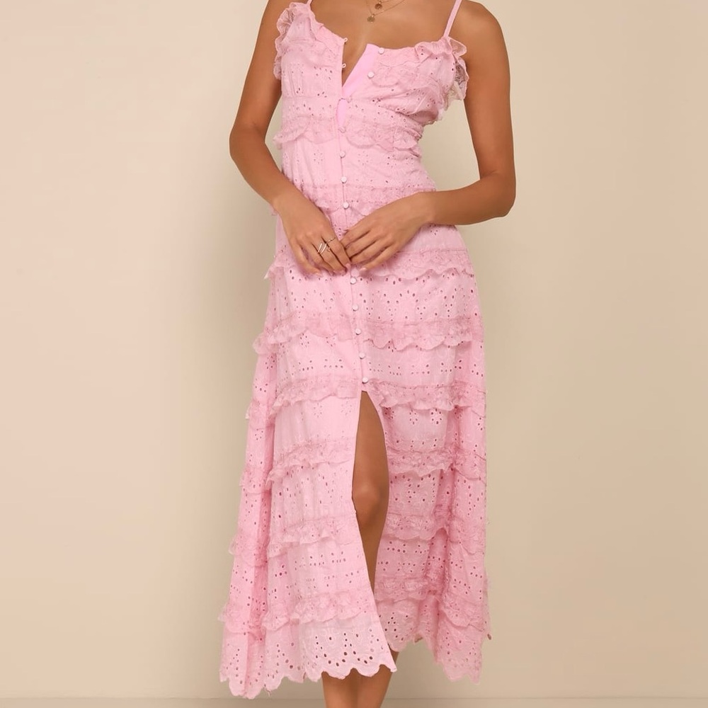 Lulus Pink Eyelet Lace Ruffle Button Front Spaghetti Strap Maxi Dress XS